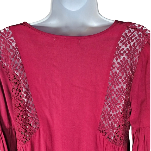 YA Los Angeles Boho Cut Out Long Sleeve Peasant Top Size S Deep Red Bohemian - Picture 5 of 13